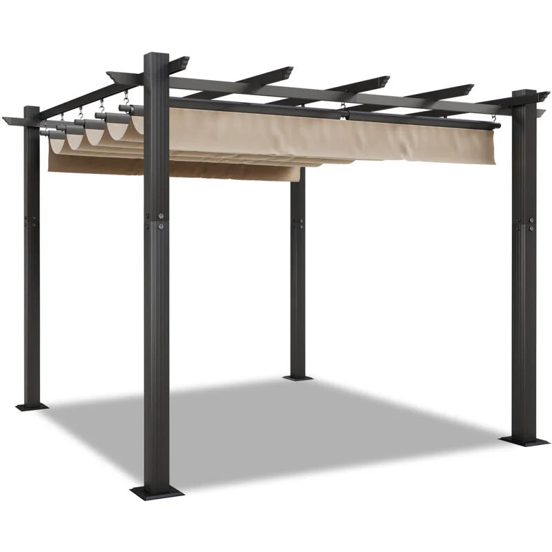 Devoko Pavillon/pergola aluminium -3 x 3m-bâche escamotable 5 coulissantes -Beige 