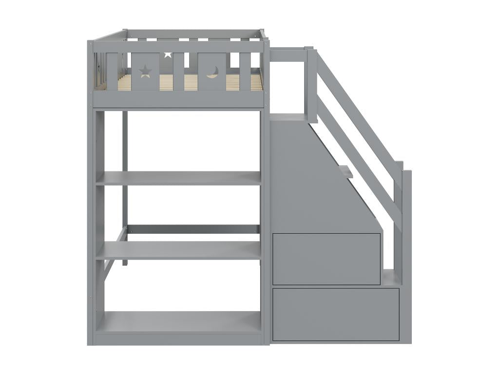 Lit mezzanine 90x200 cm avec échelle de rangement et étagères - Bois de pin et MDF - Gris