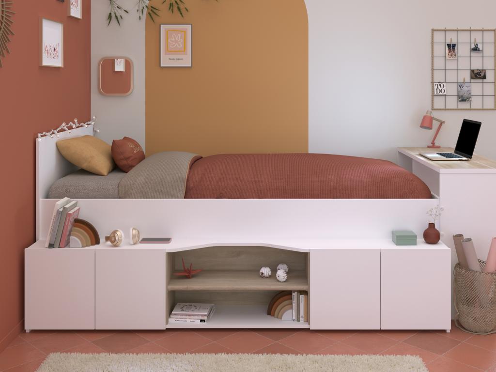 Lit combiné 90 x 190/200 cm avec bureau et rangements - Blanc et naturel - Decoepure