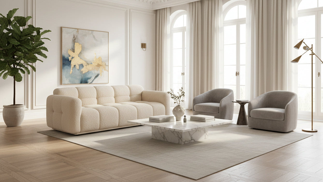 Canapé en tissu bouclette crème 220×90×75cm