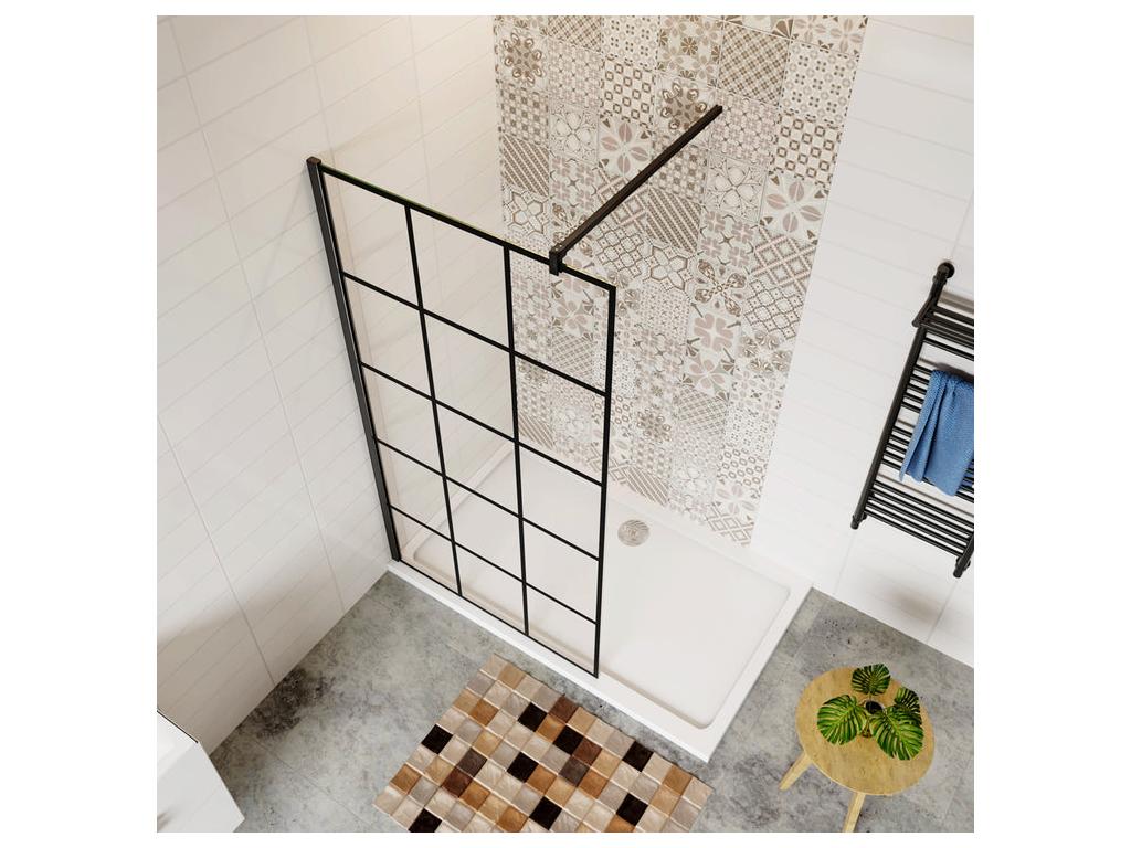 Paroi de douche fixe à l'italienne 80x200cm avec barre de fixation 90cm en carré - Noir - 8mm verre coloré et anticalcaire