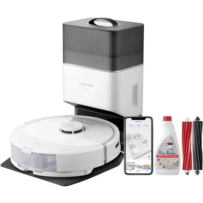 Roborock Q8 Max+,Aspirateur Robot laveur Avec Accessoires Originaux 5500Pa Vidage automatique Évitement d'obstacles Reactive Tech Mise à Niveau du Q7 Max+,Blanc 