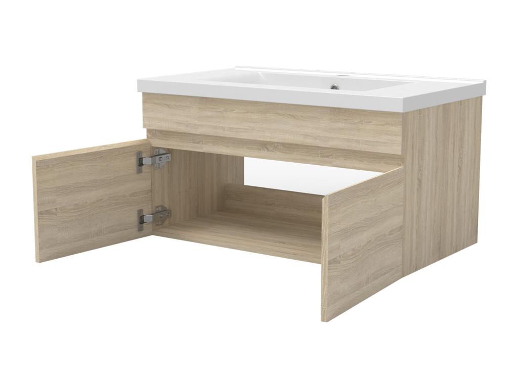 Ensemble meubles Salle de Bain 100cm avec colonne + miroir lumineux 3 couleurs + dimmable Chêne Decoepure