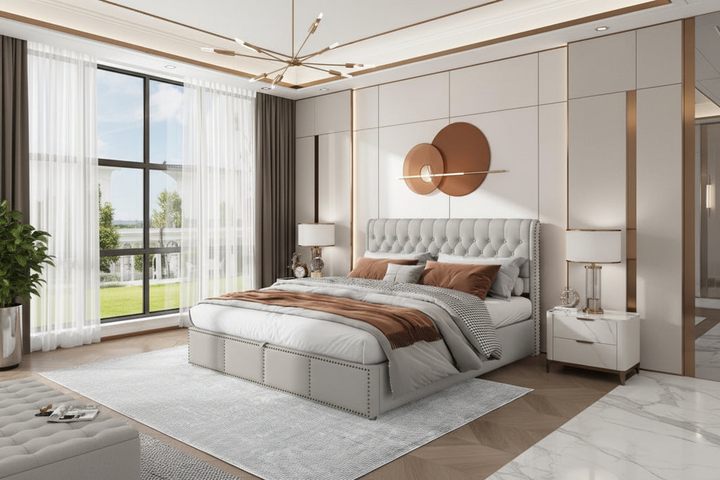 Lit coffre 180x200 cm, sommier à lattes, tissu lin, décoration rivets, lit double capitonné - gris