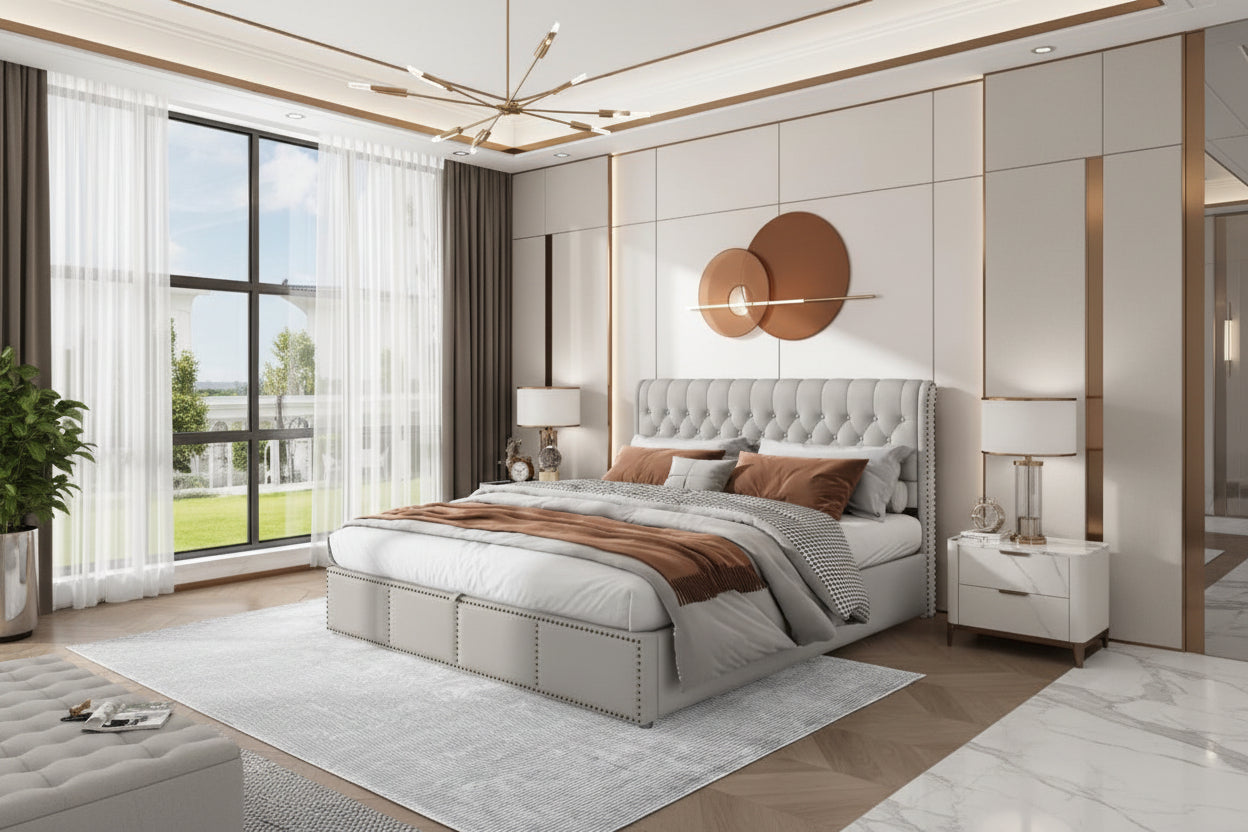 Lit coffre 180x200 cm, sommier à lattes, tissu lin, décoration rivets, lit double capitonné - gris