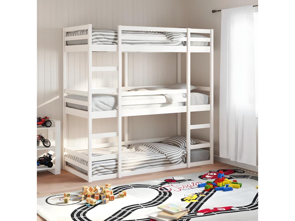 Lit superposé triple blanc 75x190 cm bois de pin massif