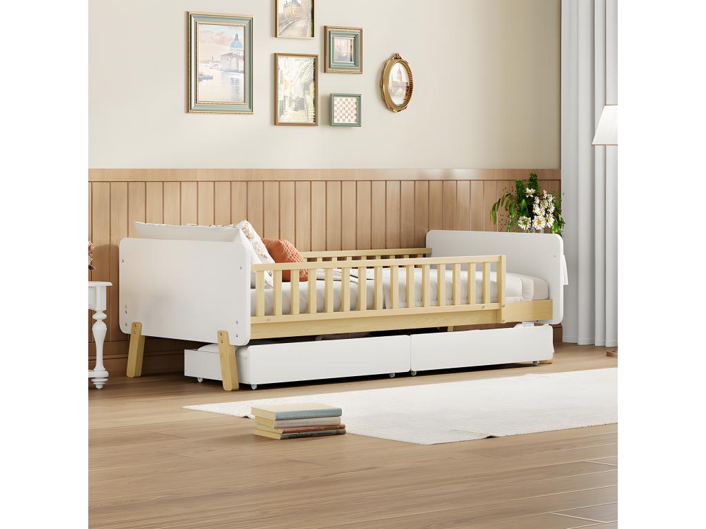 Lit enfant 90x190cm avec 2 tiroirs - lit simple en bois massif avec sommier à lattes - Blanc