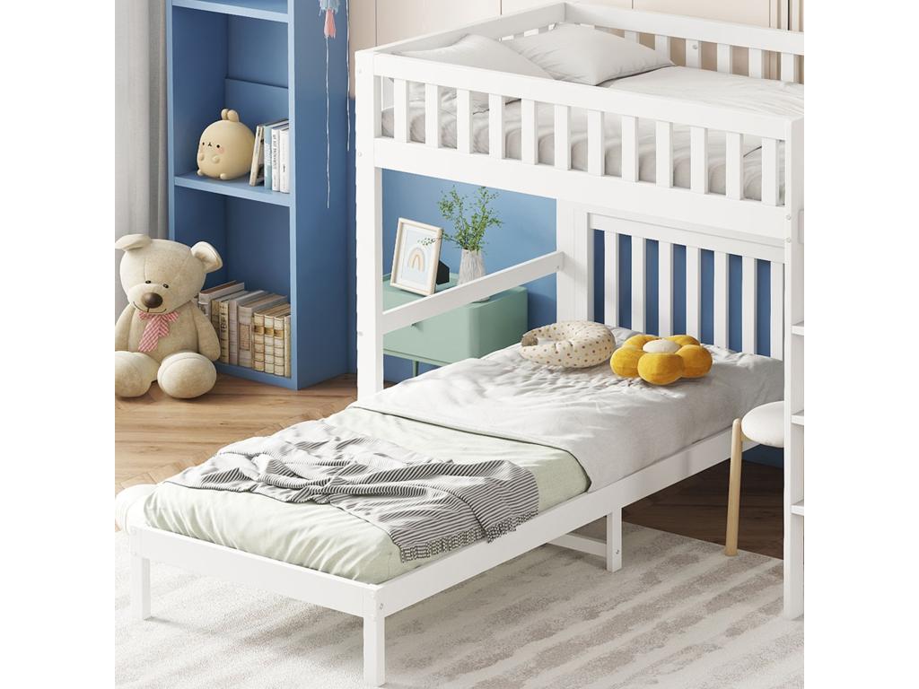 Lit superposé pour enfants avec échelle à trois marches, design de la barrière de sécurité, bureau, blanc, 90*200 cm