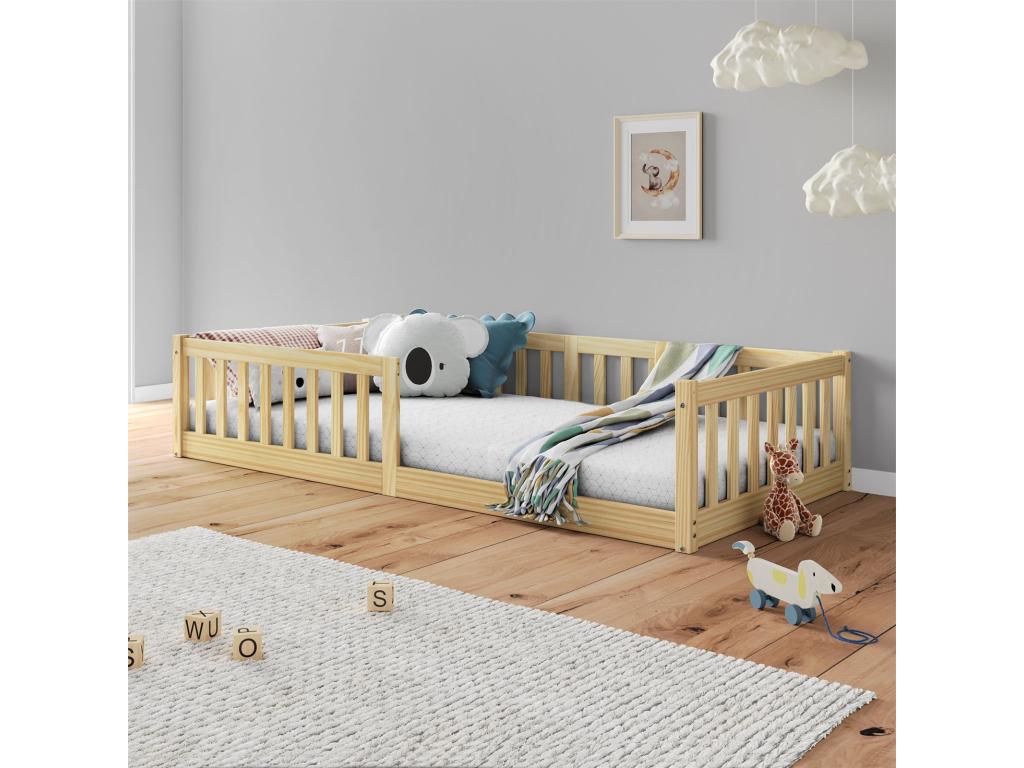 Lit enfant Decoinspi lit au sol 90*190 cm d'inspiration Montessori, avec barrières de protection, en pin massif naturel