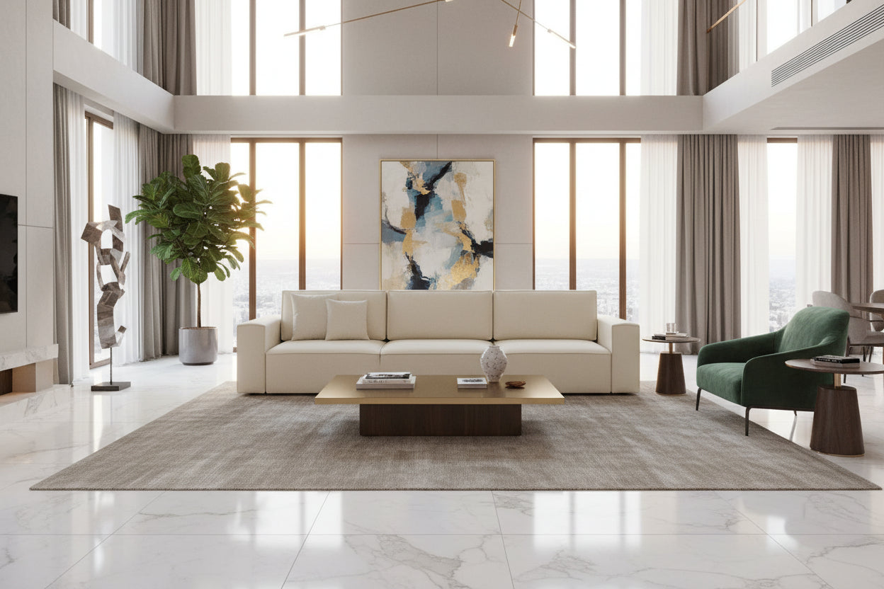 Canapé modulable convertible 5 places avec coffre de rangement en tissu bouclé écru - Boisinterior Mod