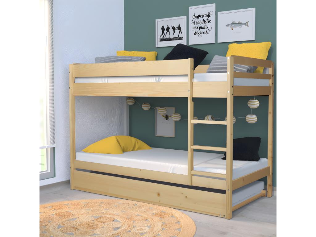 Lit superposé Parfaitemeuble 90x190 2 sommiers 1 lit tiroir/naturel