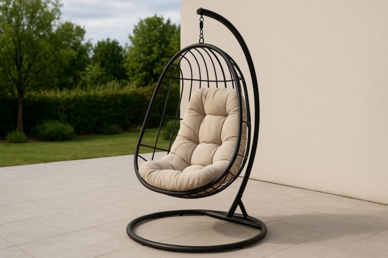 Fauteuil suspendu en métal noir avec coussin beige