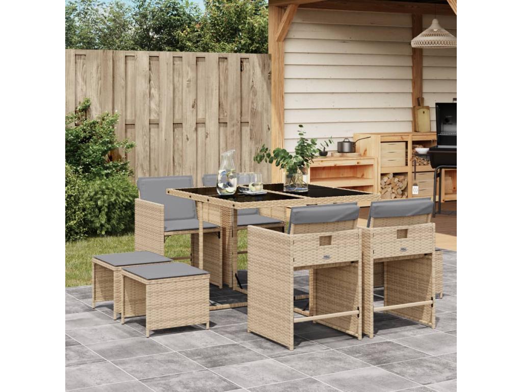 Ensemble à manger de jardin et coussins 9 pièces méHabitatdoux beige