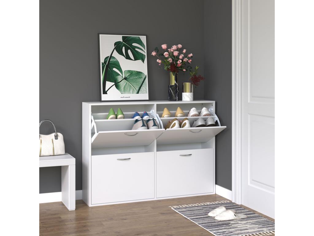 Armoire à chaussures meuble à chaussures grande taille dim. 120L x 24l x 81H cm 4 portes abattantes double niveau panneaux particules blanc