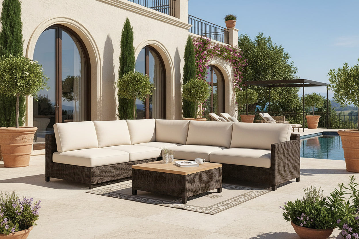 Ensemble Canapé d'Angle Extérieur Aluminium Résine Beige avec Table Basse en Bois