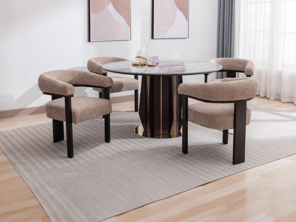 Lot de 6 chaises avec accoudoirs en tissu bouclette et bois d'hévéa - Taupe et noir - Decoepure