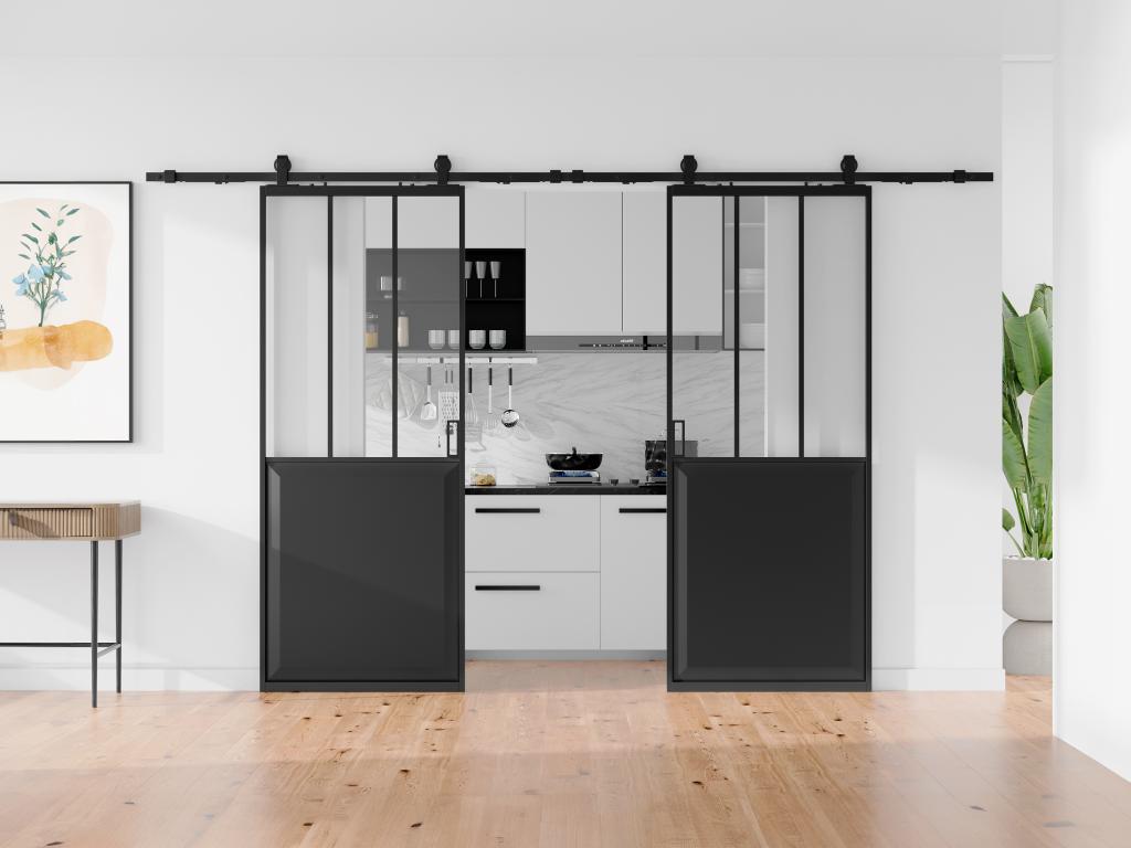 Porte coulissante double atelier avec système en applique - Noir et verre trempé - 2 x H205 x L63 cm 