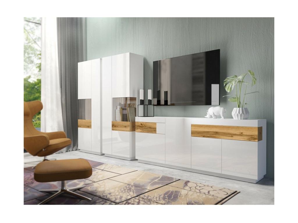 Decoepure, bahut, enfilade Decoepure trois portes, deux tiroirs. Couleur blanc et chêne. Conception de style.