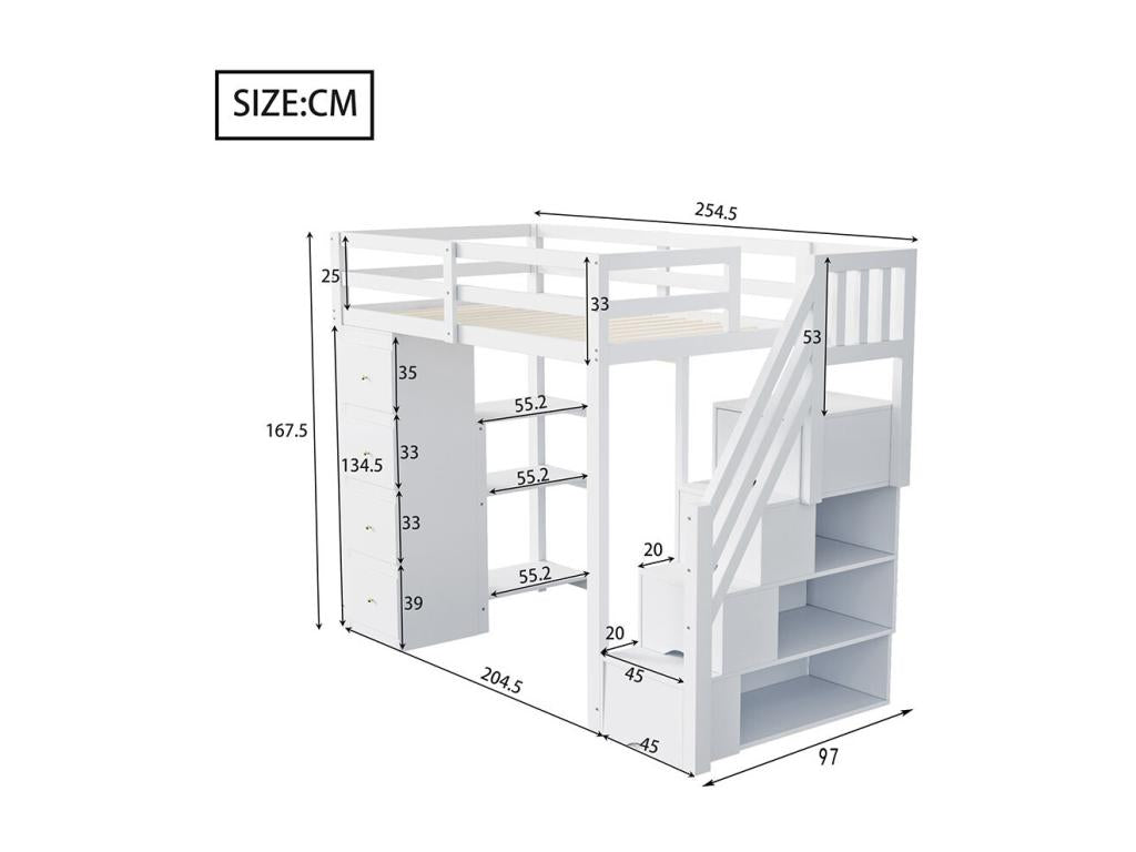 Lit mezzanine 90x200 cm commode avec étagères échelle de sécurité pour les tiroirs de rangement blanc