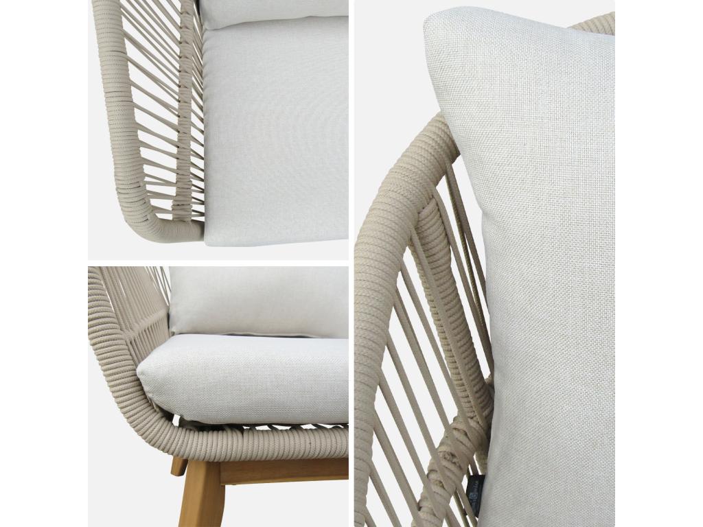 Salon de jardin 4 places – Mobiliercosy – en corde tressée. bois et aluminium. beige / coussins beiges