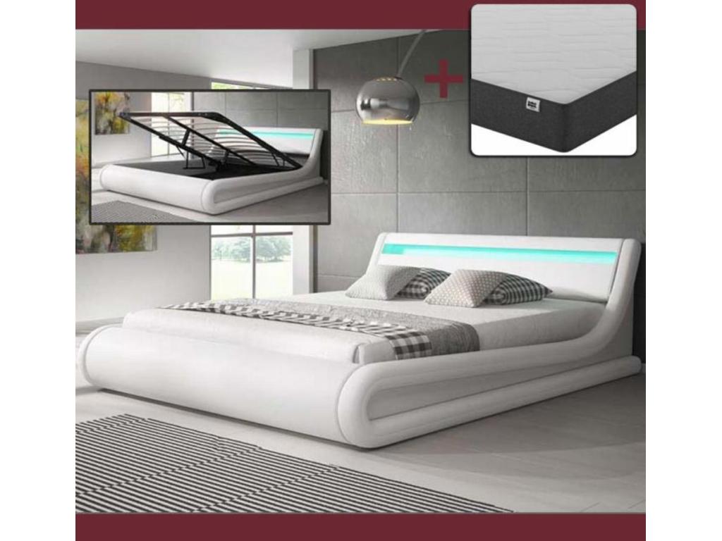 Lit double avec Coffre et Matelas 140*190cm en Blanc avec LED Parisina