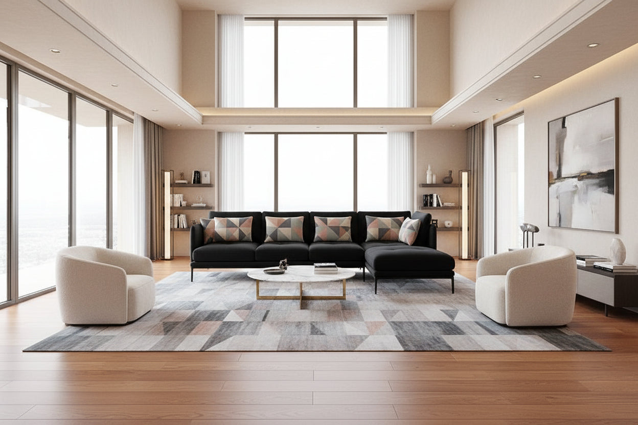 Canapé d'angle noir avec coussins géométriques