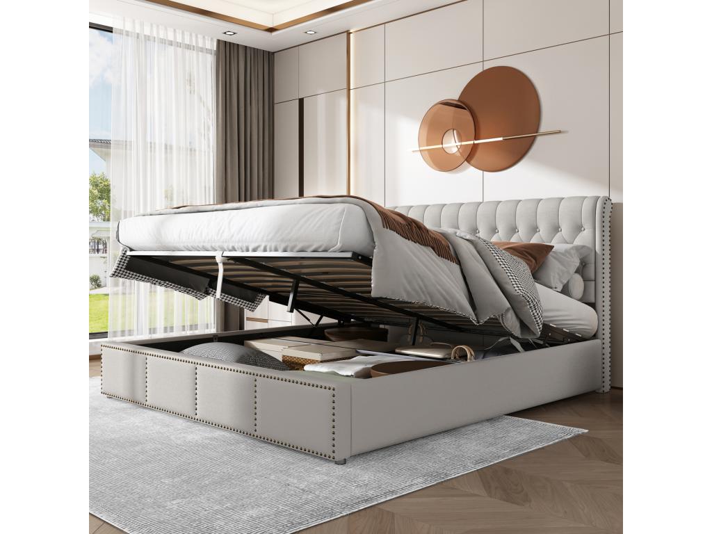 Lit coffre 180x200 cm, sommier à lattes, tissu lin, décoration rivets, lit double capitonné - gris