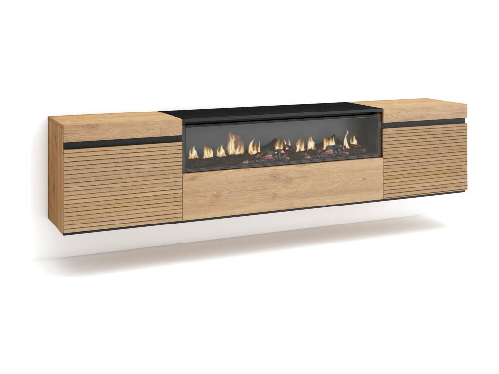 Meuble TV | Banc Télé 200x45x35cm Pour les TV jusqu'à 80 Cheminée électrique Suspendu Mural Chêne