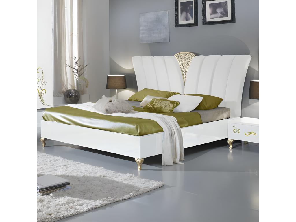Cadre de lit Tête de lit 160x200 Laque Blanc Brillant / Or - Decoopale - L 162 xl 203 x H 121 cm