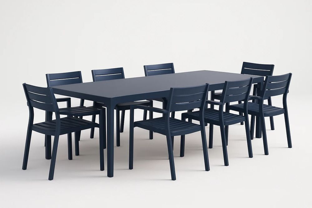 Ensemble table et 8 chaises en aluminium bleu foncé