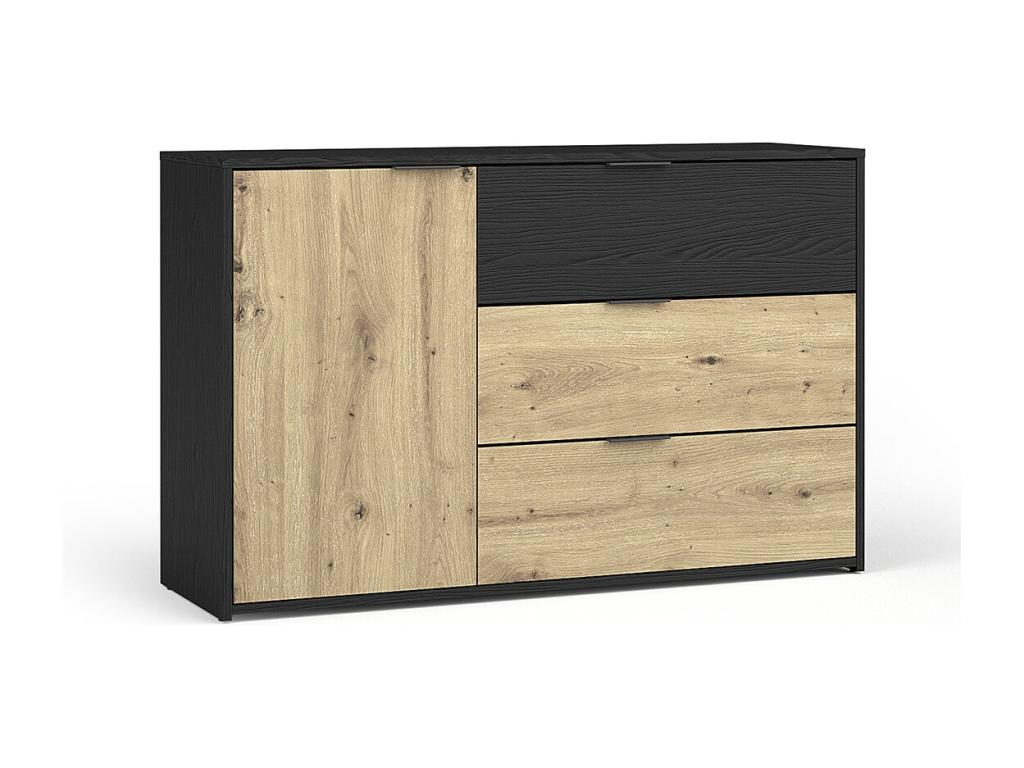 Commode Boivana - 3 Tiroirs et 1 Porte - 139x80x35 cm - Noir graphite et chêne clair