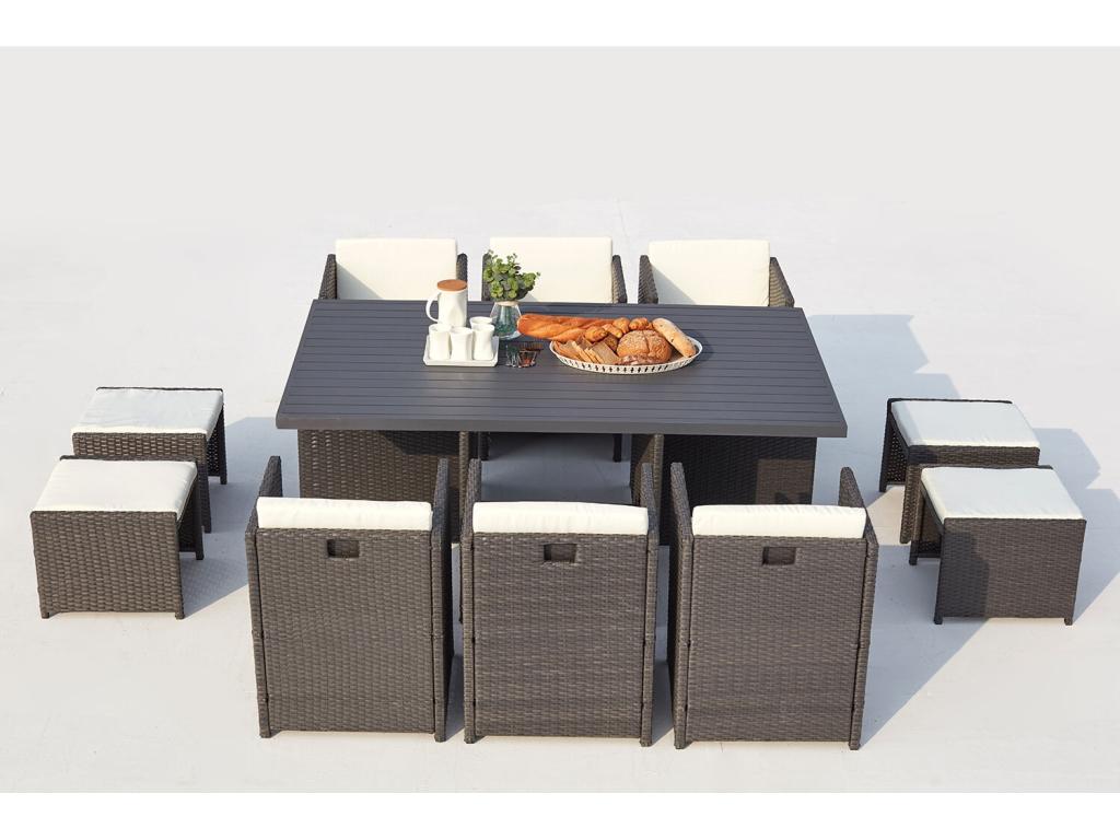 Salon de jardin encastrable 10 places en résine tressée et alu gris/blanc SUNSET