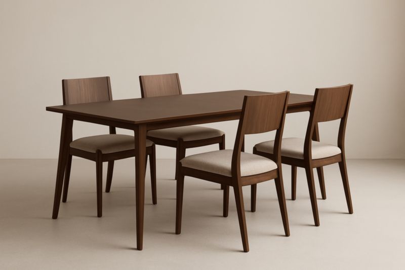 Table en bois avec quatre chaises rembourrées