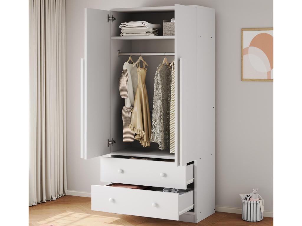 Armoire 70x40x170 cm - 2 portes / 2 tiroirs avec compartiments - Blanc