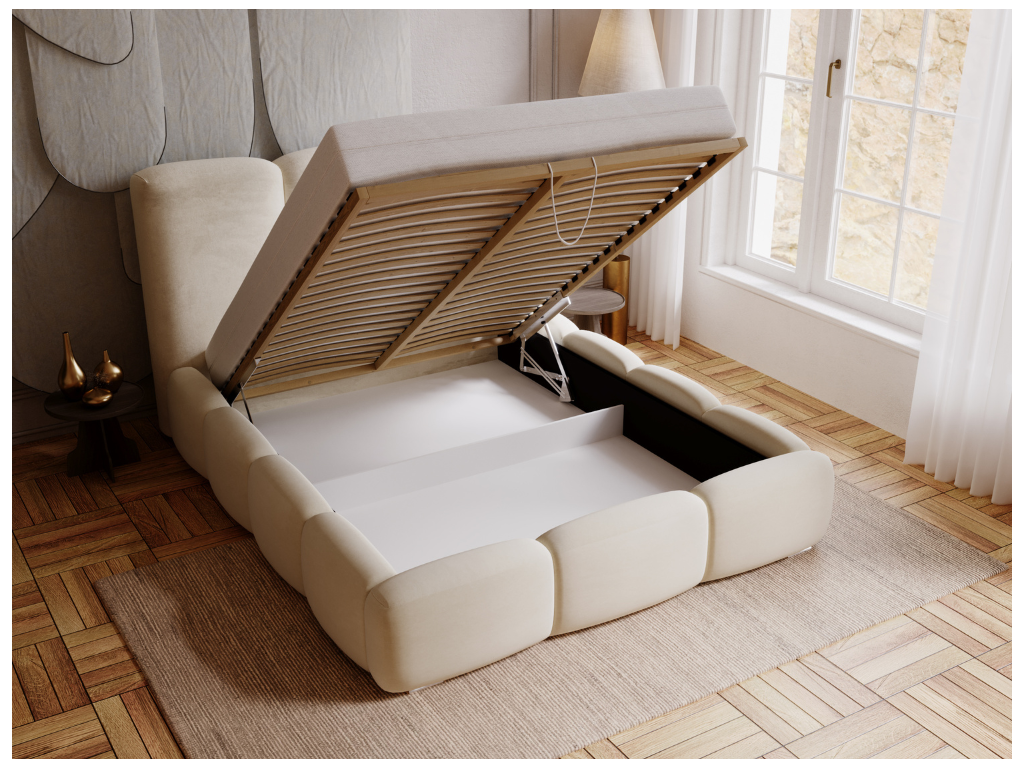 Lit rembourré avec rangement - 160x200 - lit double - velours - beige - Bubble