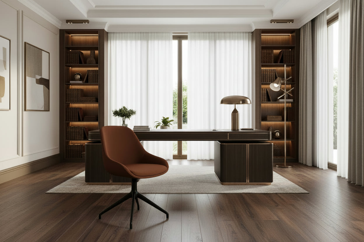 Paire de chaises pivotantes en tissu polyester marron avec piètement en métal noir