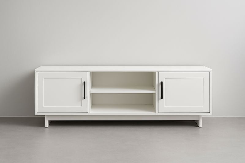 Meuble TV rectangulaire bois composite blanc avec étagères et portes