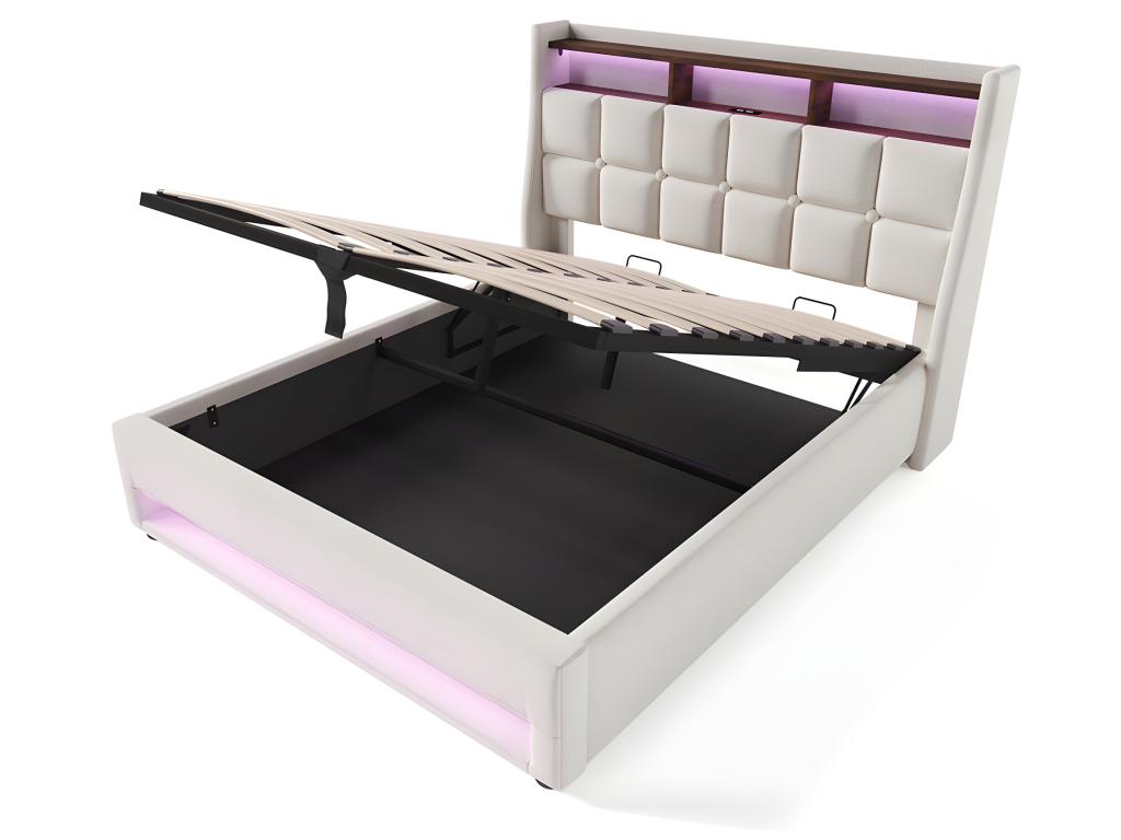Lit coffre avec chargeur USB et LED - 140x200 cm - Beige - Decoessentielle