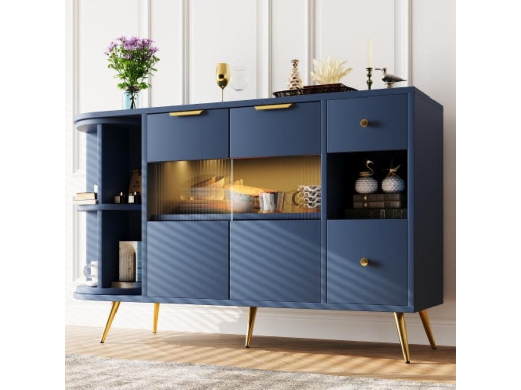 Buffet en bois éclairé par led - portes coulissantes en verre, bleu,d130cm×h80cm
