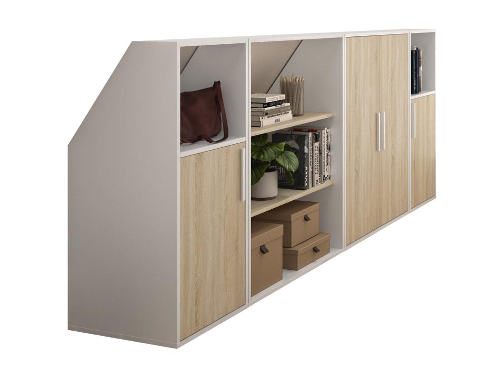 Meuble sous pente 4 portes 2 étagères et 2 niches - Blanc et naturel - Decoessentielle