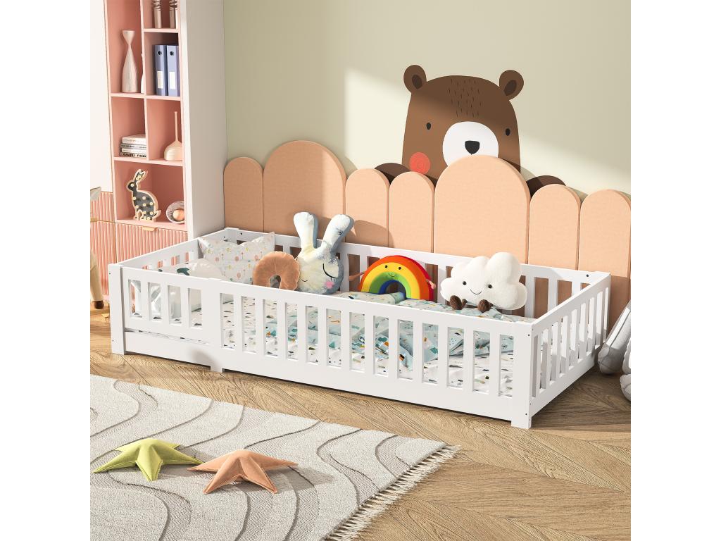 Lit cabane enfant 90x200cm avec sommier à Cheneclair lit plat lit enfant barrière antichute pin massif Blanc