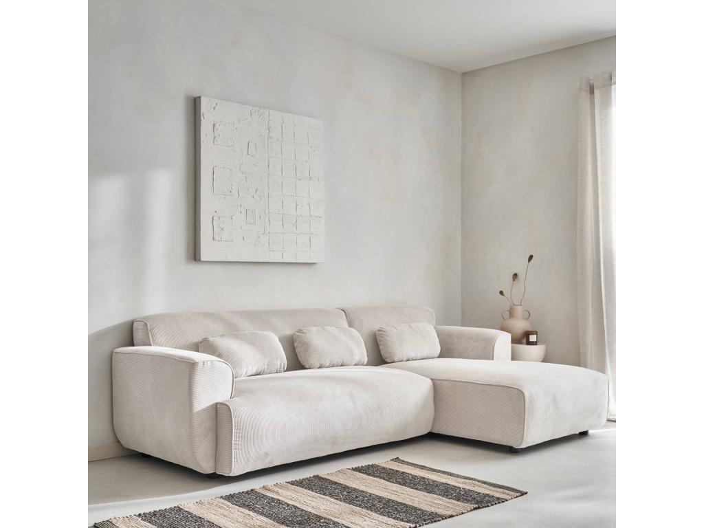 Canapé d'angle droit- 2 à 3 places- velours tricoté blanc crème- Decovivante L 196 x P 151 / 91 / x H 73cm
