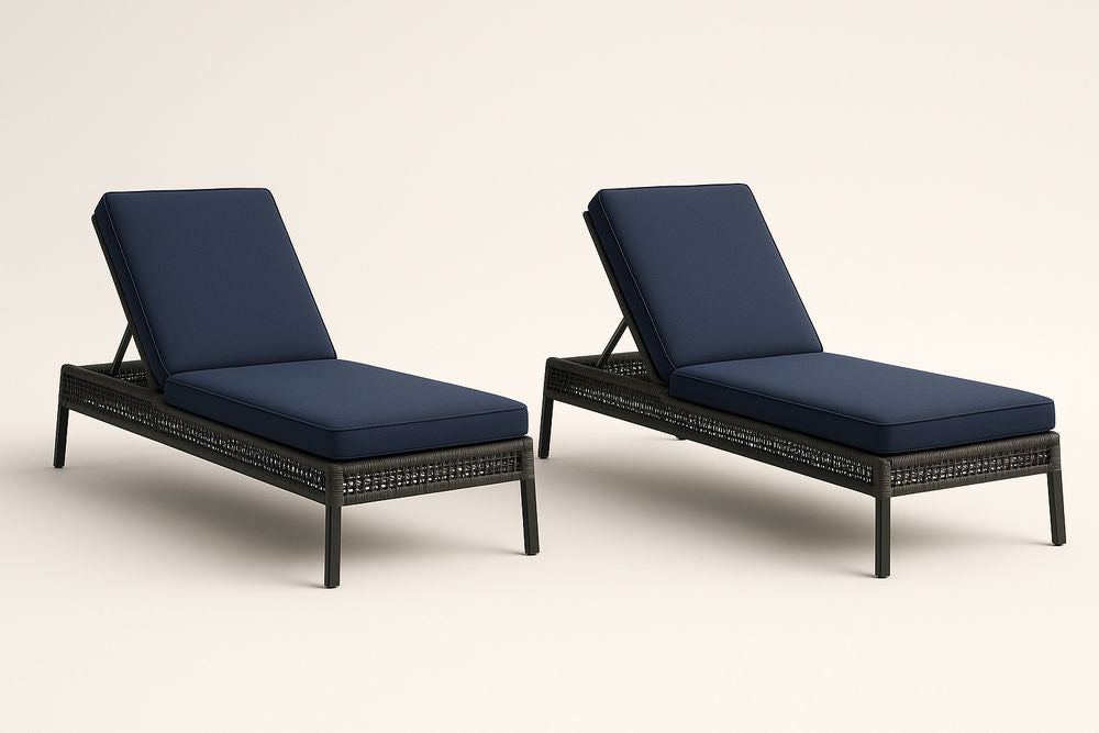 Lot de 2 chaises longues en rotin synthétique avec coussins Bleu Marine