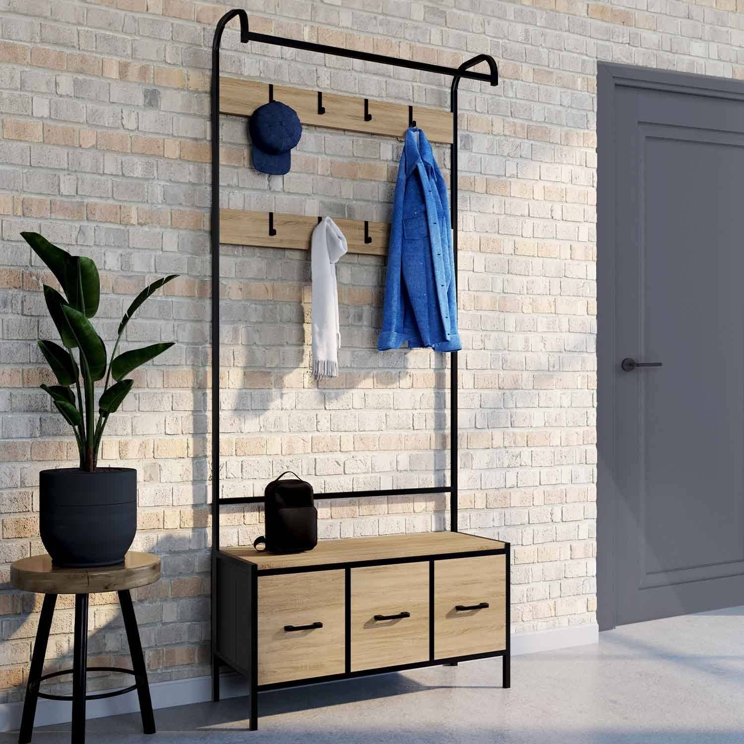 id market Vestiaire D'entrée Utah Avec Banc Et 3 Tiroirs En Tissu Design industriel