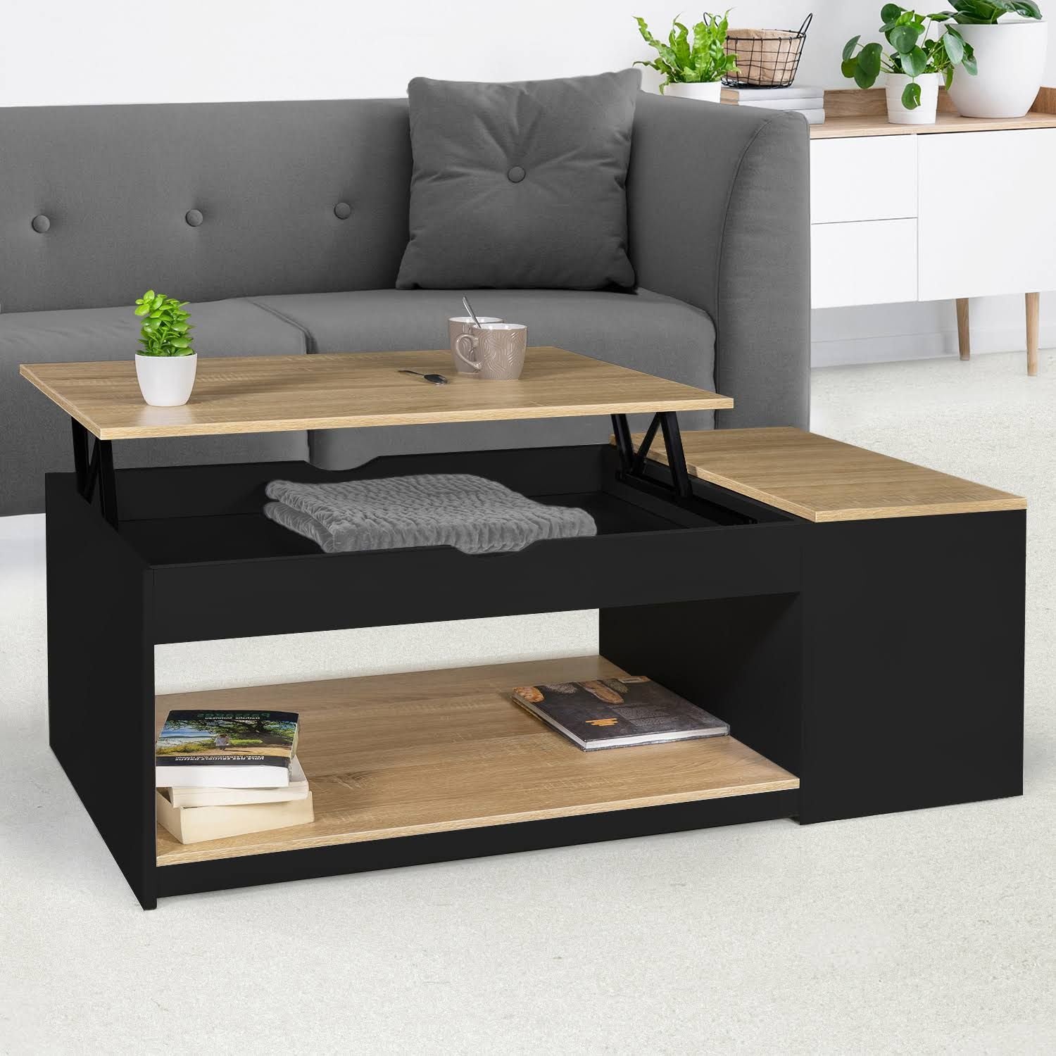 idmarket Table basse plateau relevable rectangulaire Elea avec coffre bois noir et façon hêtre
