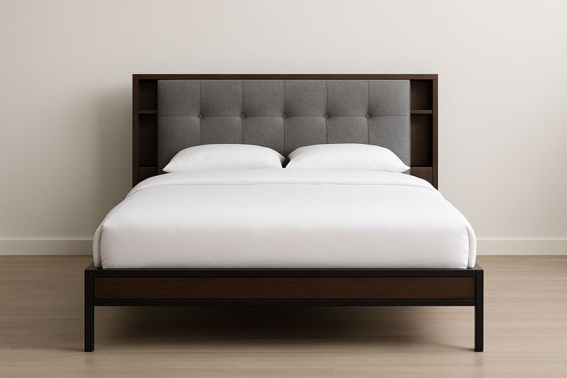 Lit Double Bois Métal Tissu Gris avec Rangement