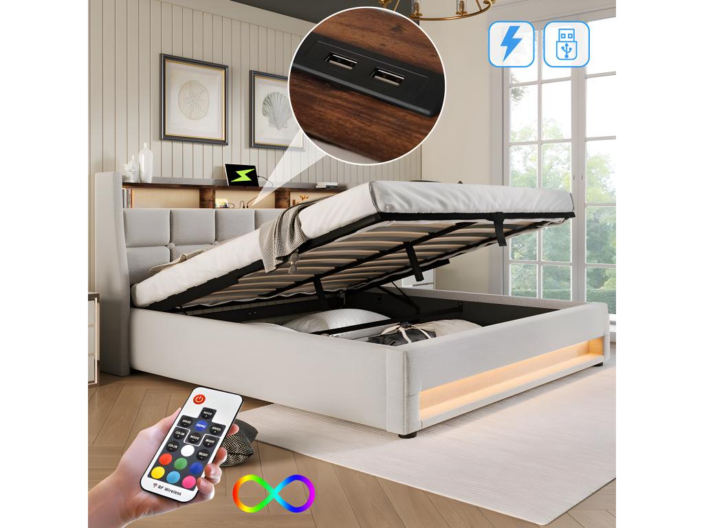 Lit coffre avec chargeur USB et LED - 140x200 cm - Beige - Decoessentielle