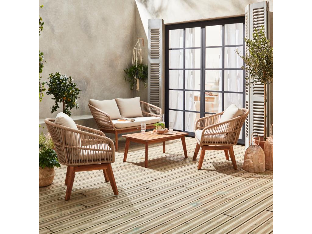Salon de jardin 4 places – Mobiliercosy – en corde tressée. bois et aluminium. beige / coussins beiges