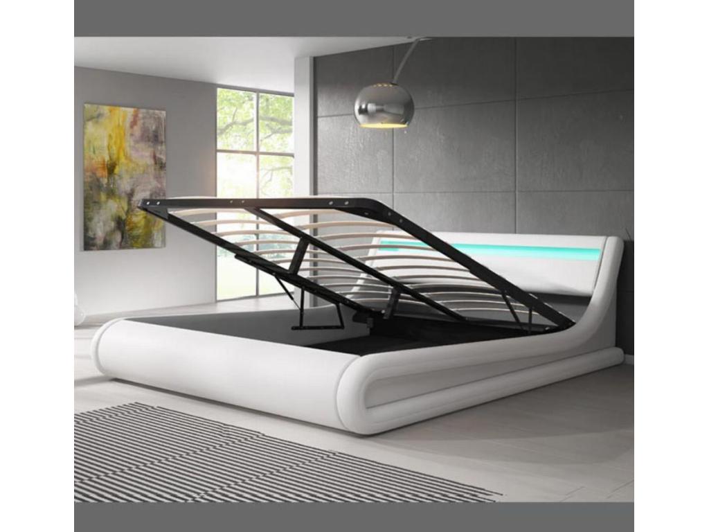 Lit double avec Coffre et Matelas 140*190cm en Blanc avec LED Parisina
