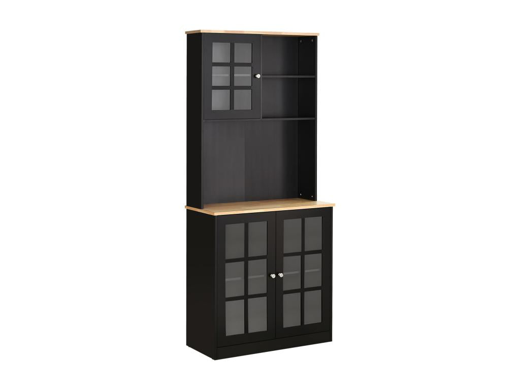 Armoire de cuisine multi-rangements 3 portes vitrine verre avec étagère 2 niches grand plateau MDF noir chêne